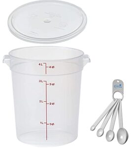lumintrail cambro 4 quart round food storage container, translucent, with a translucent lid, bundle with a measuring spoon set