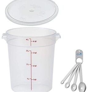 Lumintrail Cambro 4 Quart Round Food Storage Container, Translucent, with a Translucent Lid, Bundle with a Measuring Spoon Set