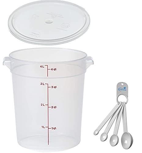 Lumintrail Cambro 4 Quart Round Food Storage Container, Translucent, with a Translucent Lid, Bundle with a Measuring Spoon Set