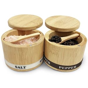 ThougrLyh Salt and Pepper Bowls Bamboo Pepper Salt Box with Swivel Lid and Spoon 2 Piece Set Salt and Pepper Cellar to Easily Open and Seal with 2 Spoon Storage Spice Pepper Salt Container