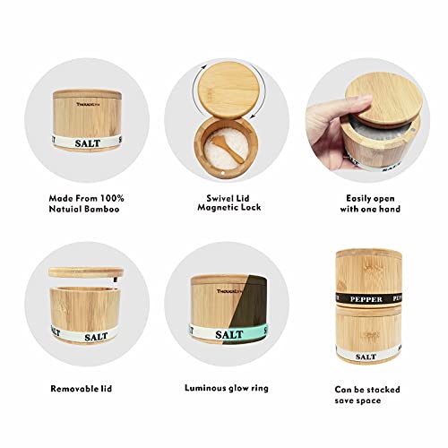 ThougrLyh Salt and Pepper Bowls Bamboo Pepper Salt Box with Swivel Lid and Spoon 2 Piece Set Salt and Pepper Cellar to Easily Open and Seal with 2 Spoon Storage Spice Pepper Salt Container