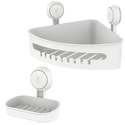 LEVERLOC Corner Shower Caddy & Soap Dish Suction Cup NO-Drilling Removable Bathroom Shower Shelf Heavy Duty Caddy Organizer Waterproof & Oilproof for Bathroom & Kitchen - White