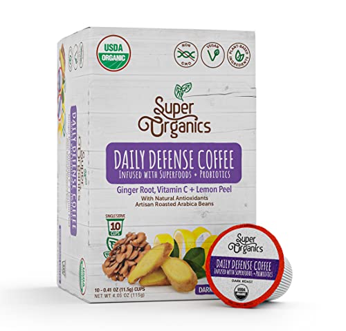 Super Organics Daily Defense Coffee (Organic) with Superfoods and Probiotics (Keurig K-Cup Compatible) 10ct Single Serve Cups