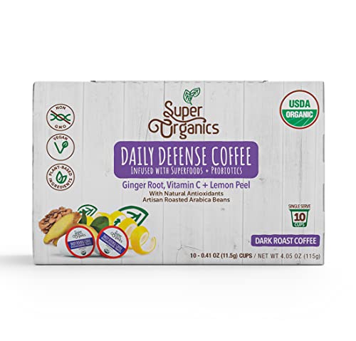 Super Organics Daily Defense Coffee (Organic) with Superfoods and Probiotics (Keurig K-Cup Compatible) 10ct Single Serve Cups