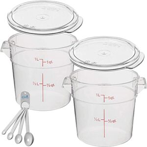 lumintrail cambro 1 quart round food storage container, 2 pack clear, with 2 clear lids, bundle with a measuring spoon set