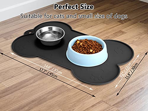 Dog Bowl Mat, NWFHTD Dog Mat for Food and Water Pet Cat Large Small Silicone Rubber Plastic Waterproof Feeding Eating Dish Placemat Trays with Edges Lip for Floor, 17.7"x11.8", Black