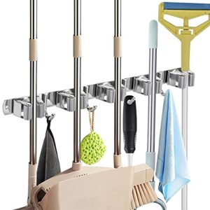 mop and broom holder wall mount, broom hanger wall mount , 17" mop holder stainless steel with 5 rack 4 hooks for home, kitchen, laundry room, garage, garden, bathroom, and 1 hook separated included