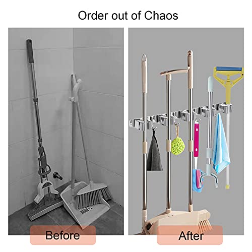 Mop and Broom Holder Wall Mount, Broom Hanger Wall Mount , 17" Mop Holder Stainless Steel with 5 Rack 4 Hooks for Home, Kitchen, Laundry Room, Garage, Garden, Bathroom, and 1 hook Separated included