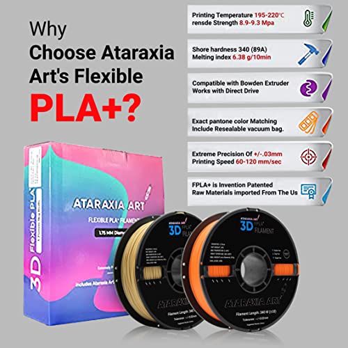 ATARAXIA ART Flexible PLA Filament 1.75mm,3D Printer Filament 1kg/2.2lb Spool,Better Than TPU,89A Shore Hardness, Patent Formula, Compatible with Bowden Extruder,with Filament Storage Bag, FPLA Black