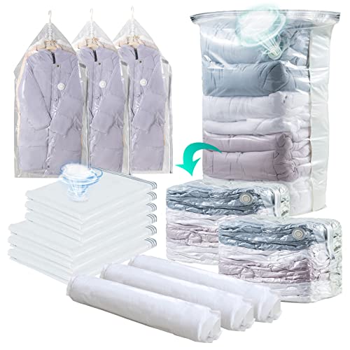 CLEVHOM Vacuum Storage Bags Combo 15 Pack, Vacuum Sealer Bags for Clothes and Beddings, 3 Hanging /3 Cube /3 Medium / 3 Small /3 Roll, Closet Organizers and Storage