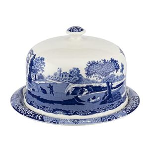 spode blue italian 2 piece serving platter with dome cover, multifunctional tray for cake, pastries, and cheese, made of porcelain, measures 11.5-inches, dishwasher safe
