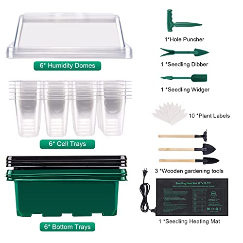 Kesfitt Seed Starter Tray with Heat Mat,Seed Starting Kit with Adjustable Humidity Dome and Base 6 Packs 72Cells Seedling Starter Trays for Seeds Plant Germination