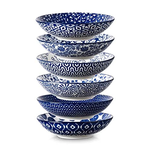 Selamica Porcelain 40oz Large Bowls 9 inch Big Pasta Salad Bowls, Microwave and Oven Safe, Vintage Blue, Set of 6