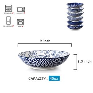 Selamica Porcelain 40oz Large Bowls 9 inch Big Pasta Salad Bowls, Microwave and Oven Safe, Vintage Blue, Set of 6