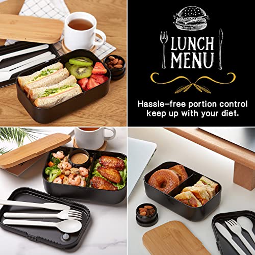 HmoeFmily Bento Lunch Box for Adults & Kids,Bamboo Board Lid,Includes Sauce Cup,Divider,Cutlery Set,Bento Box Adult Lunch Box,Leak-proof,Microwave & Dishwasher & Freezer Safe