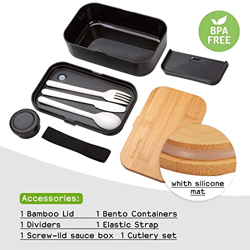 HmoeFmily Bento Lunch Box for Adults & Kids,Bamboo Board Lid,Includes Sauce Cup,Divider,Cutlery Set,Bento Box Adult Lunch Box,Leak-proof,Microwave & Dishwasher & Freezer Safe