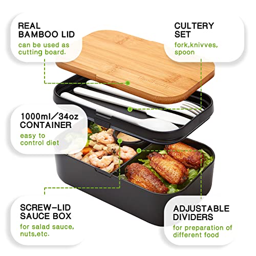 HmoeFmily Bento Lunch Box for Adults & Kids,Bamboo Board Lid,Includes Sauce Cup,Divider,Cutlery Set,Bento Box Adult Lunch Box,Leak-proof,Microwave & Dishwasher & Freezer Safe