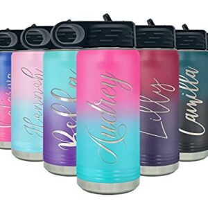 Personalized Bottle 20 oz with Straw Pink Blue Ombre Custom Laser Engraved Stainless Steel Vacuum Insulated Sport Bottle with Name