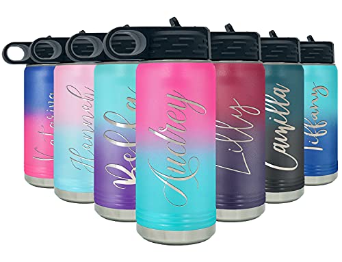 Personalized Bottle 20 oz with Straw Pink Blue Ombre Custom Laser Engraved Stainless Steel Vacuum Insulated Sport Bottle with Name