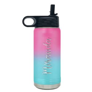 Personalized Bottle 20 oz with Straw Pink Blue Ombre Custom Laser Engraved Stainless Steel Vacuum Insulated Sport Bottle with Name