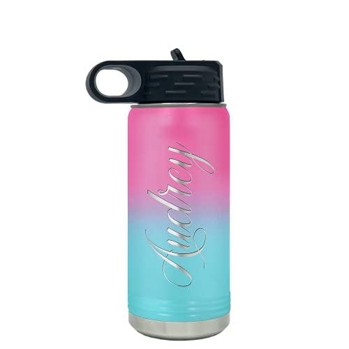 Personalized Bottle 20 oz with Straw Pink Blue Ombre Custom Laser Engraved Stainless Steel Vacuum Insulated Sport Bottle with Name