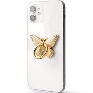Cell Phone Ring Holder Stand with Crystal Stone and Enamel Process, Butterfly 360° Rotation Finger Kickstand Metal Back Stand Hand Grip with Knob Loop Compatible with Smartphone (Gold Pearl White)
