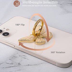 Cell Phone Ring Holder Stand with Crystal Stone and Enamel Process, Butterfly 360° Rotation Finger Kickstand Metal Back Stand Hand Grip with Knob Loop Compatible with Smartphone (Gold Pearl White)