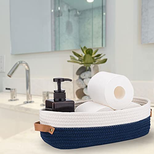 Oradrem Toilet Basket,Woven Storage Basket for Toilet Tank Top Farmhouse Home Decor Organizing Baskets 13"x5.9"x4" Navy Stitching White