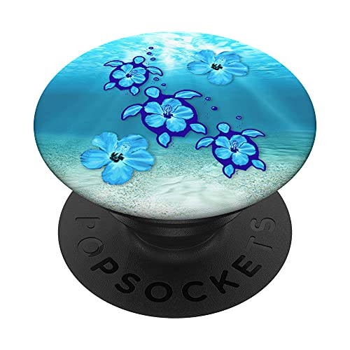 Blue Cute Honu Sea Turtles Hawaii Floral Hibiscus Flowers PopSockets Swappable PopGrip