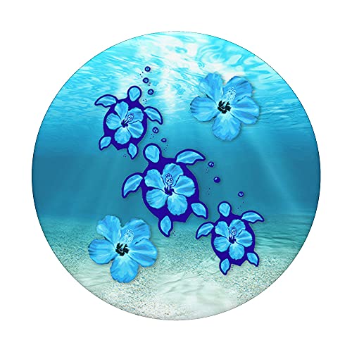 Blue Cute Honu Sea Turtles Hawaii Floral Hibiscus Flowers PopSockets Swappable PopGrip