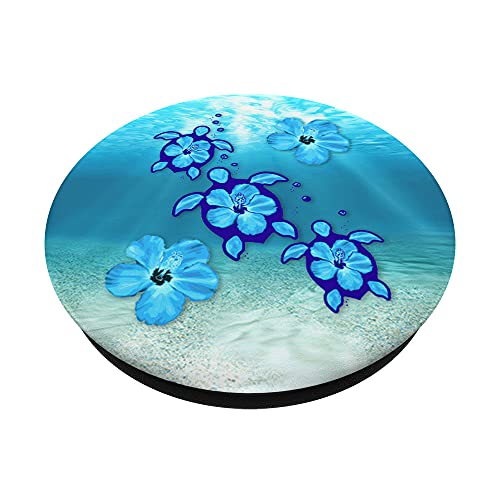 Blue Cute Honu Sea Turtles Hawaii Floral Hibiscus Flowers PopSockets Swappable PopGrip