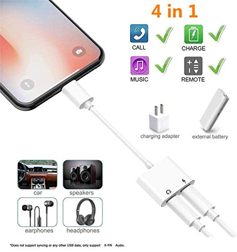 [Apple MFi Certified] iPhone Headphones Adapter & Splitter, 2 in 1 Dual Lightning Charger Cable Aux Audio Adapter Converter for iPhone 12/11/XS/XR/X/8/7/6/iPad, Support Calling+Charging+Music Control