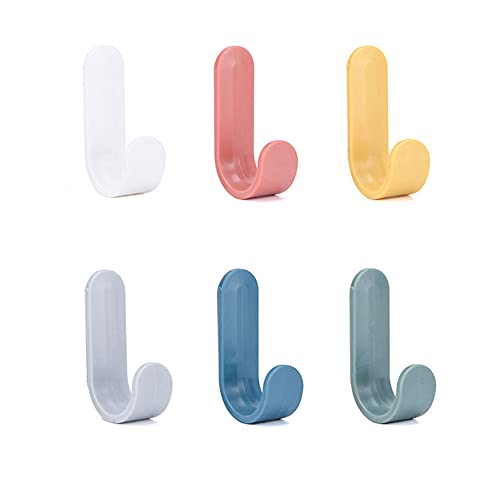 Adhesive Hooks, 6 Pack Plastic Adhesive Wall Hooks, Hat Hook,Scarf Hook,Clothes Rack, Kitchenware Hook, Key Holder J-Shaped Organizer Plastic Hook(6 Colors)