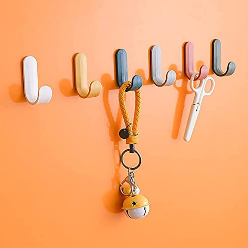 Adhesive Hooks, 6 Pack Plastic Adhesive Wall Hooks, Hat Hook,Scarf Hook,Clothes Rack, Kitchenware Hook, Key Holder J-Shaped Organizer Plastic Hook(6 Colors)