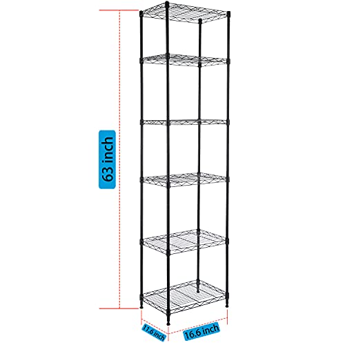 GIOTORENT 6-Tier Storage Shelves Standing Shelving Metal Units, Adjustable Height Wire Shelf Display Rack for Pantry Laundry Bathroom Kitchen 16.6” x 11.6” x 63” (6-Tier-Down, Black)