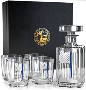 thin blue line police american flag decanter whiskey glass gift set - 5 piece set - premium gift box