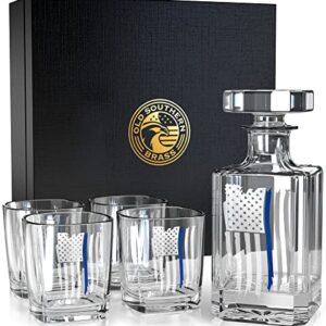 Thin Blue Line Police American Flag Decanter Whiskey Glass Gift Set - 5 Piece Set - Premium Gift Box