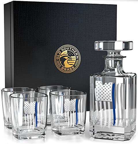 Thin Blue Line Police American Flag Decanter Whiskey Glass Gift Set - 5 Piece Set - Premium Gift Box