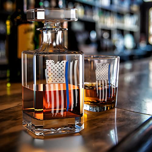 Thin Blue Line Police American Flag Decanter Whiskey Glass Gift Set - 5 Piece Set - Premium Gift Box