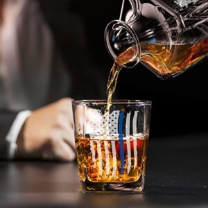 Thin Blue Line Police American Flag Decanter Whiskey Glass Gift Set - 5 Piece Set - Premium Gift Box