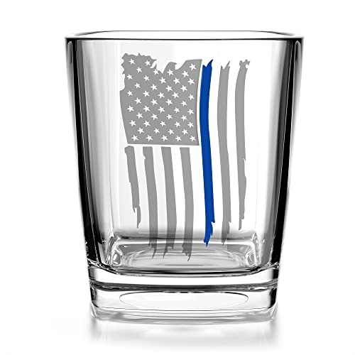 Thin Blue Line Police American Flag Decanter Whiskey Glass Gift Set - 5 Piece Set - Premium Gift Box