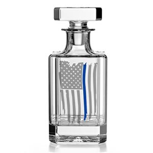 Thin Blue Line Police American Flag Decanter Whiskey Glass Gift Set - 5 Piece Set - Premium Gift Box