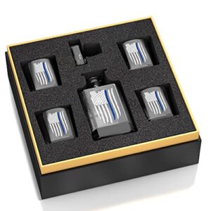 Thin Blue Line Police American Flag Decanter Whiskey Glass Gift Set - 5 Piece Set - Premium Gift Box