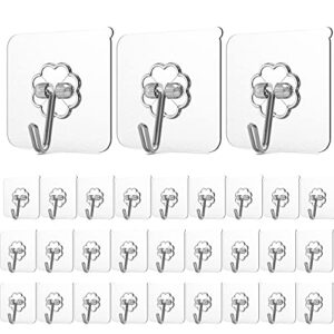 通用 30 pcs adhesive hooks,transparent heavy duty 12 lb(max) wall hooks for household use, professional waterproof and oil proof bathroom kitchen adhesive wall hooks, 2.36 x 2.36 inches (hooks-008)