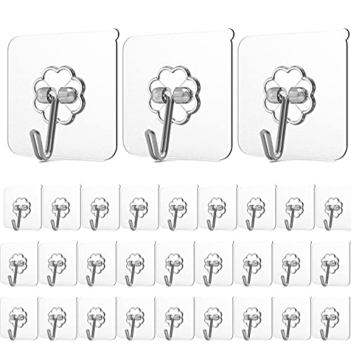 通用 30 Pcs Adhesive Hooks,Transparent Heavy Duty 12 lb(MAX) Wall Hooks for Household Use, Professional Waterproof and Oil Proof Bathroom Kitchen Adhesive Wall Hooks, 2.36 x 2.36 inches (Hooks-008)