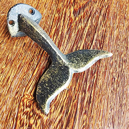 BECUTYSet of 2 Cast Iron Wall Hook-Unique Whale Tail Shape (Antique Brass Finish)