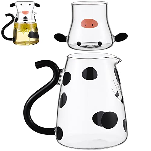 550ml Glass Water Carafe Set with Cup Lovely Cartoon Cow Cold Kettle Flowering Teapot Canister Milk Iced Beverage Bottle Jug for Housewarming Gift