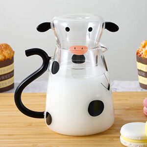550ml Glass Water Carafe Set with Cup Lovely Cartoon Cow Cold Kettle Flowering Teapot Canister Milk Iced Beverage Bottle Jug for Housewarming Gift