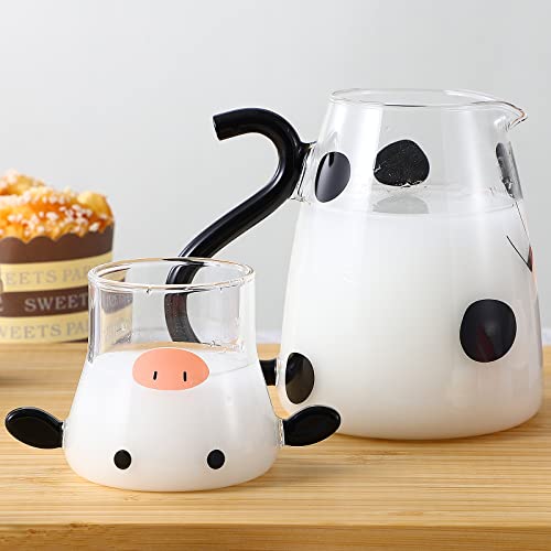 550ml Glass Water Carafe Set with Cup Lovely Cartoon Cow Cold Kettle Flowering Teapot Canister Milk Iced Beverage Bottle Jug for Housewarming Gift