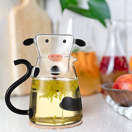 550ml Glass Water Carafe Set with Cup Lovely Cartoon Cow Cold Kettle Flowering Teapot Canister Milk Iced Beverage Bottle Jug for Housewarming Gift